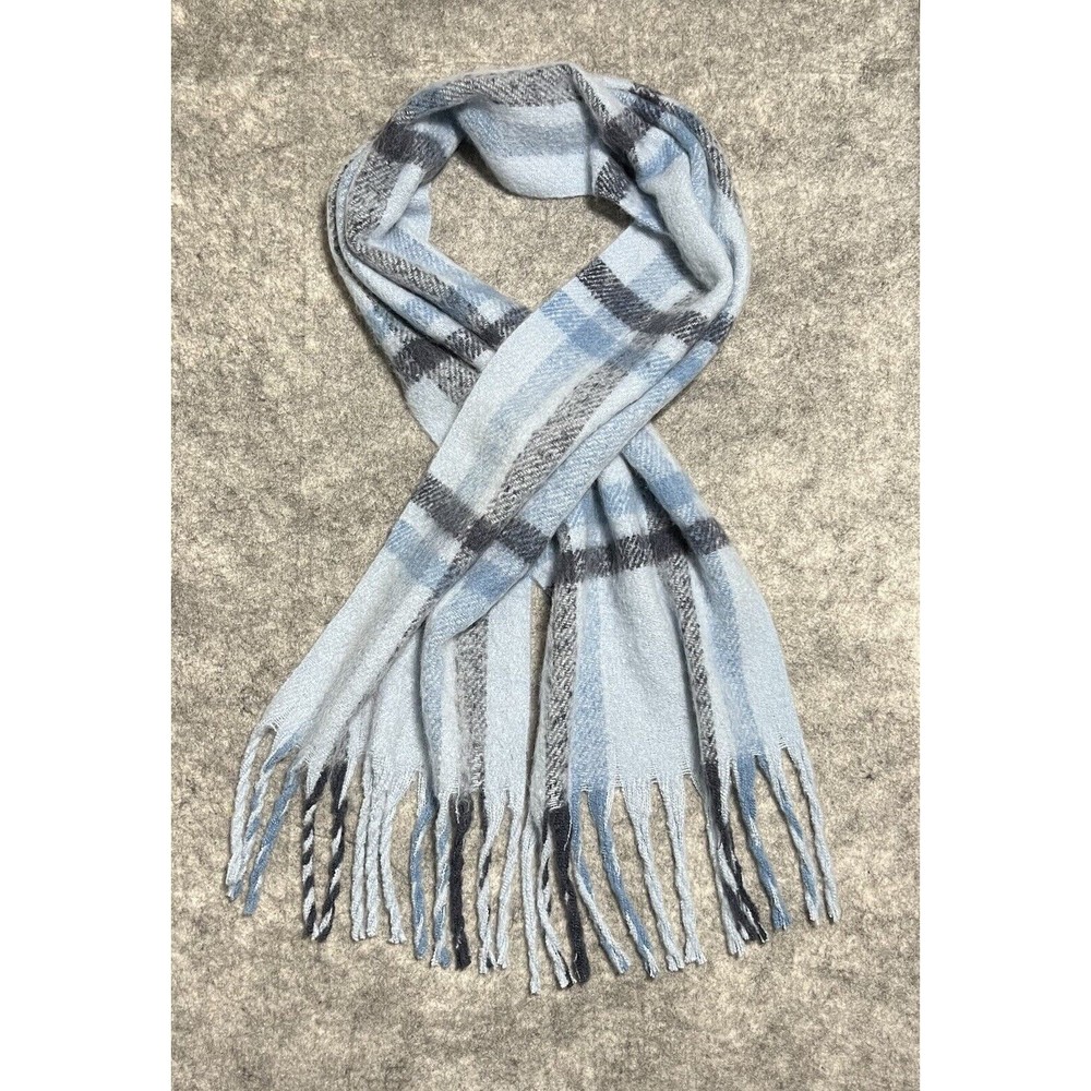 STEVE MADDEN Tartan Plaid Scarf LARGE Long Blue Multi Fringe Soft Outdoors